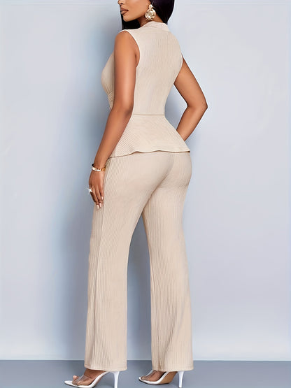 Women'S Elegant Solid Color Asymmetrical Sleeveless Top & Wide-Leg Pants Set - Ruched Texture, High-Waisted, Black, Stylish Evening Attire, Evening Attire|Asymmetrical Top|Ruched Texture