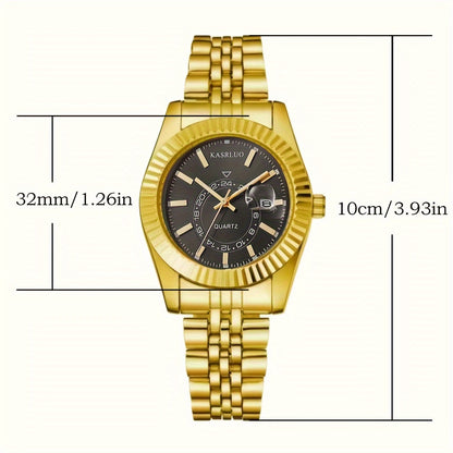 KASRLUO Elegant Women's Golden-Tone Stainless Steel Quartz Watch with Date Display, Analog Roman Numerals, and Adjustable Crown - Stylish Round Alloy Case & Band for Sophisticated Timekeeping, Fashion Accessory | Sophisticate