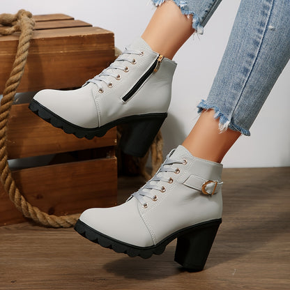 Women's Chunky platform heel Boots - Lace-up closure, Faux Cover Round-toe boots with, Thick Platform Sole for Dresses, Jeans, Party Outfits - All-Season Everyday & Formal Shoes, Stylish Outfit Additions, Side Zipper Detail,