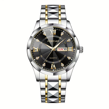 A Men'S Trendy Golden Alloy Luminous Business Casual Quartz Watch with a Steel Band.