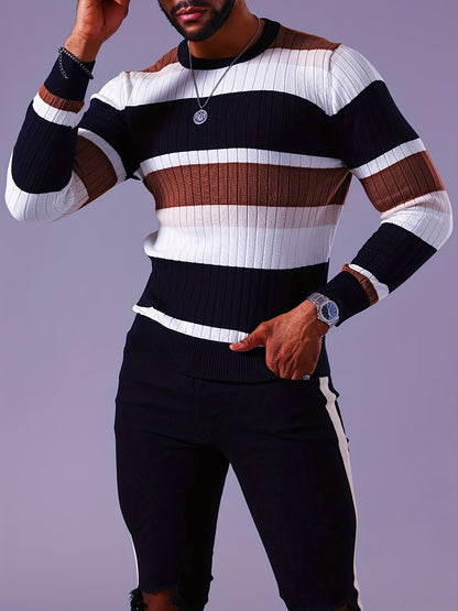 Men's Striped Color-Block Ribbed Knit Sweater - Long Sleeve Round Neck Pullover with Elastic Comfort Fit, Machine Washable Casual Fall Winter Top in Black/White/Green/Beige, Knit Sweater, Medium Elasticity