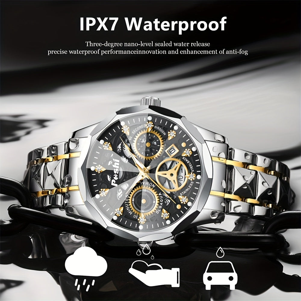 POSHI Men's Luxury Golden-Tone Quartz Watch with Rhinestone Accents, Luminous Waterproof Design, Calendar Feature, and Stylish Hexagonal Hands - Perfect Business Gift for Men, Formal Timepiece