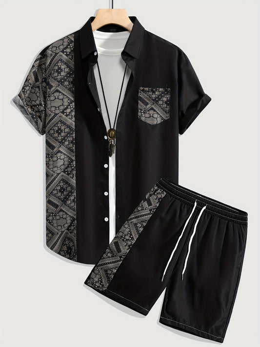Men's Outfit, Casual Geometric Print Lapel Short Sleeve Button Up Shirt With Chest Pocket & Drawstring Shorts 2-piece co ord set For Outdoor Activities