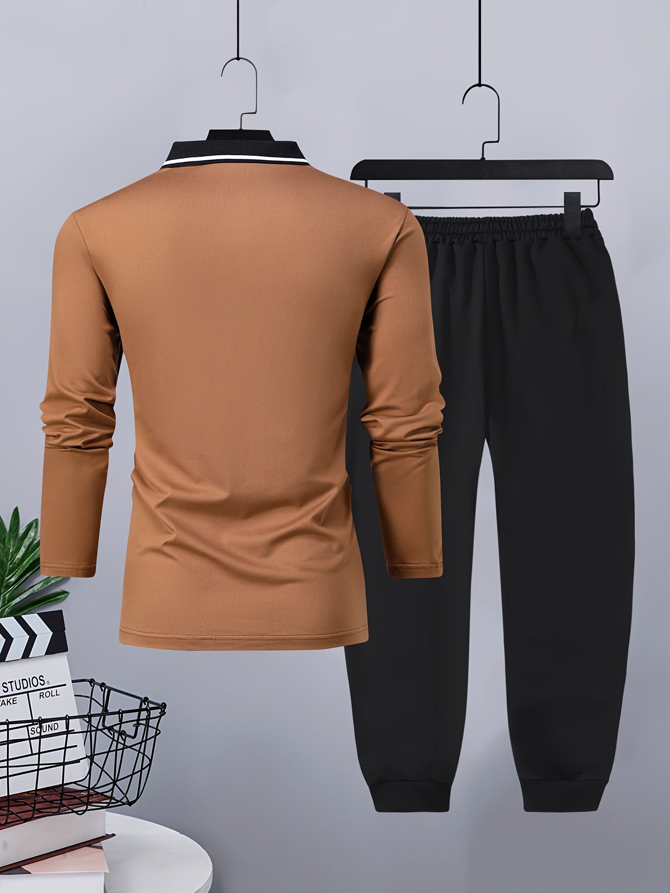 Men's Casual Color-Block Long Sleeve Button-Up Shirt & Drawstring Joggers Set - Polyester Blend, Pockets Included, Perfect for Spring/Fall