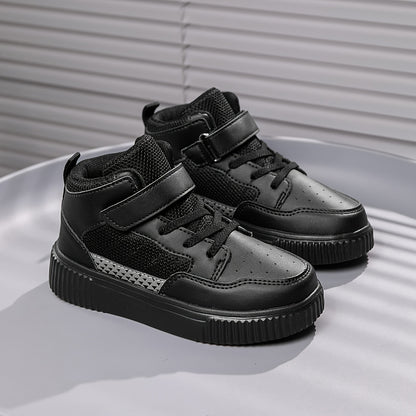 Youngsters' Black Mesh & PU High-Top Sneakers with Diamond Pattern - Breathable, Durable, Lightweight EVA Sole & Adjustable Hook-and-Loop Closure for School, Outdoor, Training - All-Season Versatile Play Shoes for Boys & Girl