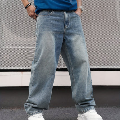 Men's Casual Straight-Leg Washed Denim Jeans - Light Blue, Loose Fit, Slant Pockets, Comfortable Blend for Casual Attire