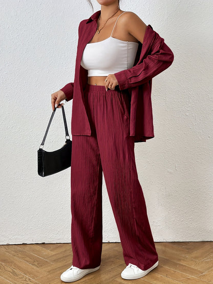 2pcs Women Spring & Autumn Casual Solid Color Long Sleeve Shirt And Pants Set
