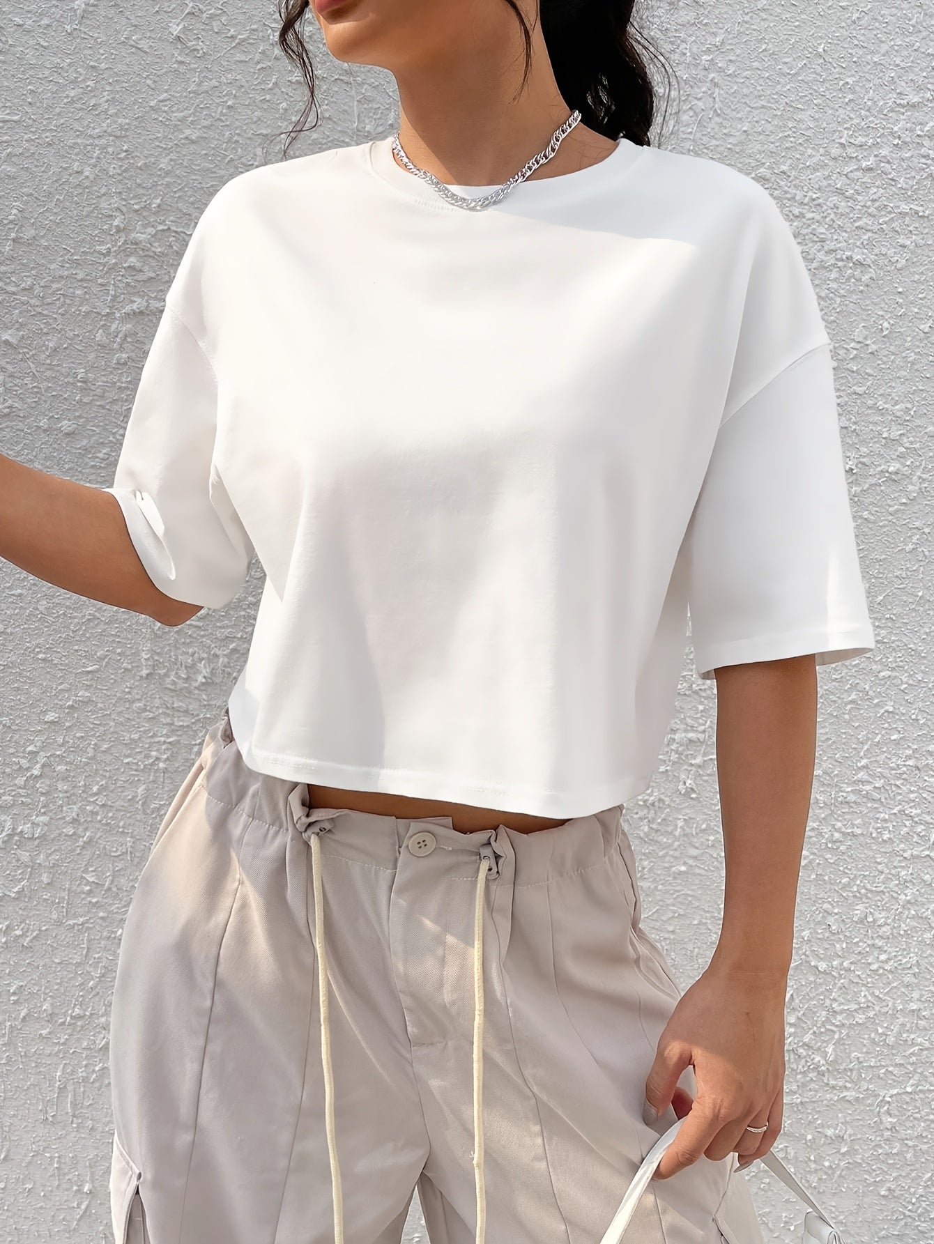 Women's Red Crop Top T-Shirt - Casual Short Sleeve, Loose Fit, Solid Color, Polyester, Machine Washable, Round Neck - Perfect for Summer