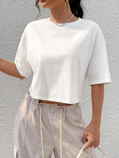 Women's Red Crop Top T-Shirt - Casual Short Sleeve, Loose Fit, Solid Color, Polyester, Machine Washable, Round Neck - Perfect for Summer