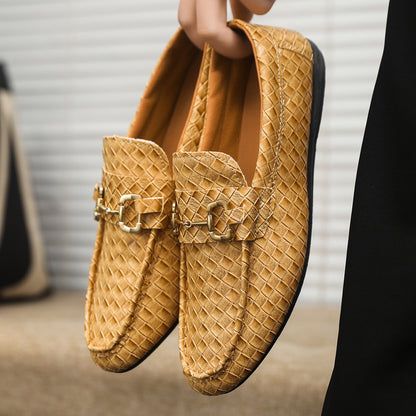Men's Slip-On Loafers - Black & Tan Casual Shoes with Golden-Tone Metal Accents, Round Toe Comfort, All-Season Versatile for Office & Social Events, Casual Attire, Elegant Style, Premium Material, Modern Gentlemen
