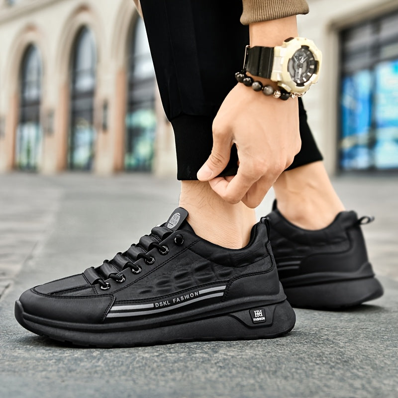 Men's Breathable Casual Sneakers - Comfortable, Versatile & Stylish Shoes for Running, Sports & Casual Attire, Black with White Accents, PU Upper & PVC Sole, Round Toe, Lace-Up Design, All-Season Use