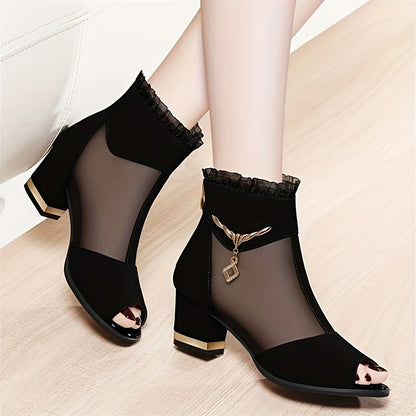 Elegant Black High-Heel Sandals with Mesh Upper - Comfortable Block Heel, Open Toe Design, Stylish Zipper Closure, Perfect for Summer Formal Wear, Formal Footwear|Elegant High Heel|Zipper Closure Sandals