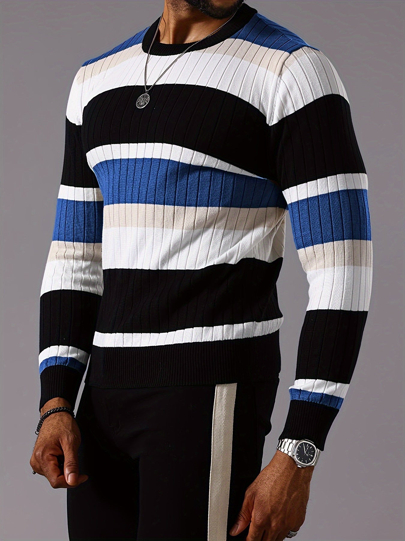 Men's Striped Color-Block Ribbed Knit Sweater - Long Sleeve Round Neck Pullover with Elastic Comfort Fit, Machine Washable Casual Fall Winter Top in Black/White/Green/Beige, Knit Sweater, Medium Elasticity