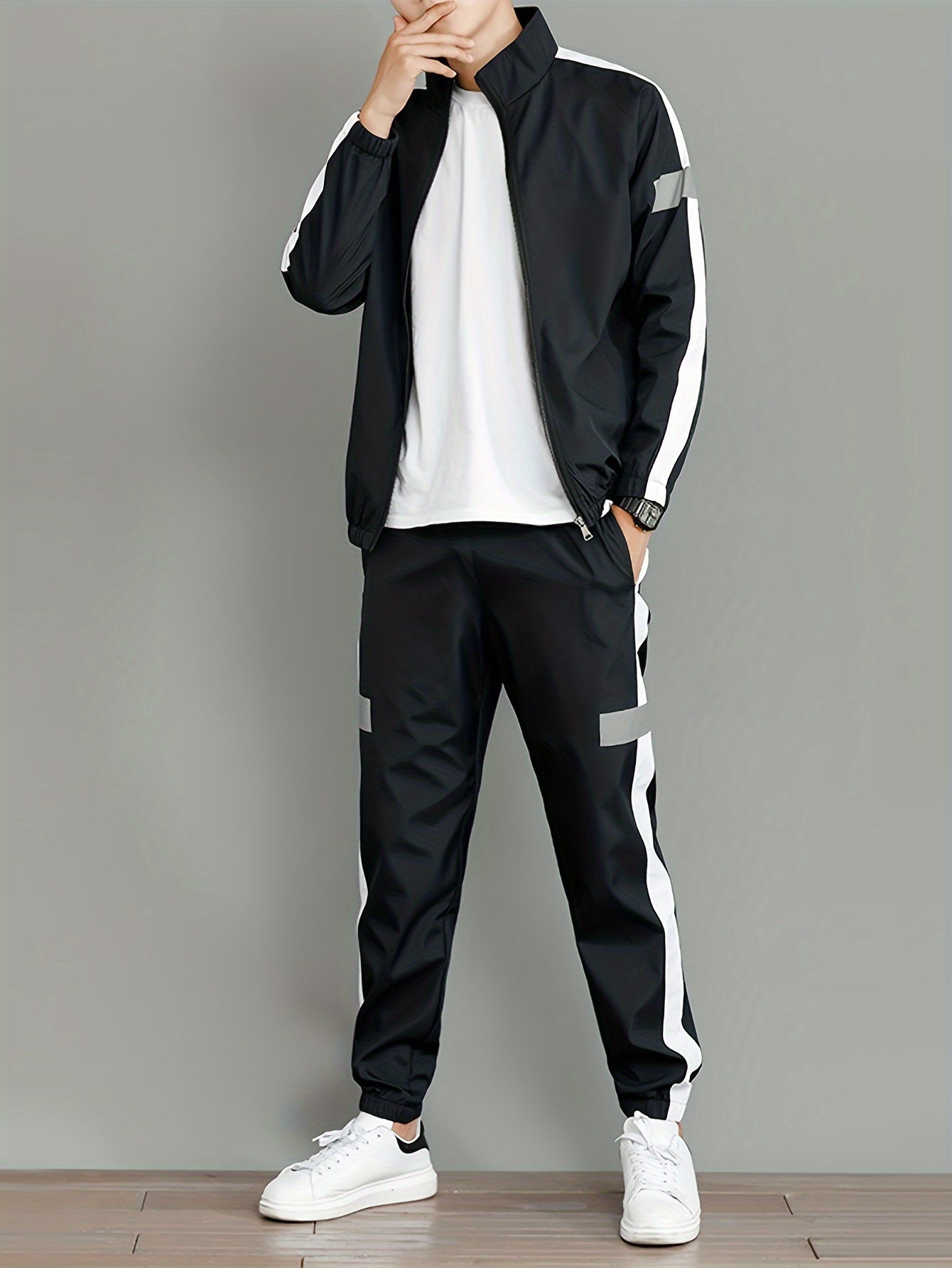 Men's Casual Sportswear Set - Black and White Striped Zip-Up Jacket with Reflective Accents & Matching Joggers, Polyester, Machine Washable, Ideal for Spring & Fall, Jogging Pants