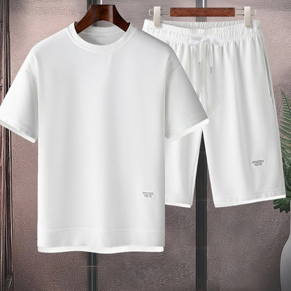Waffle short-sleeved T-shirt Men's casual sports suit summer loose fake two-piece half-sleeve T-shirt set