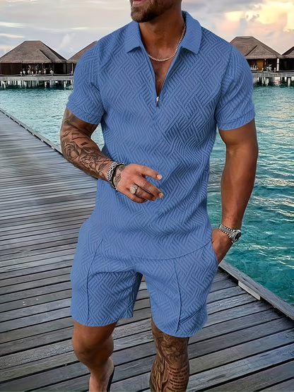 Men'S Tropical Print Casual Suit - Black Short Sleeve Zipper Shirt with White Pockets Shorts, Polyester, Machine Washable, Summer Beachwear, Summer Wear | Relaxed Fit Shirt | Woven Texture