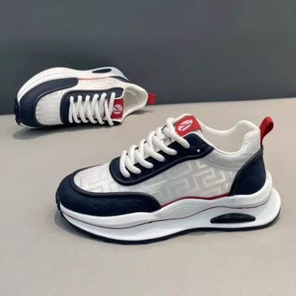 Men's Lightweight Breathable Low-Top Sneakers - PU Upper & PVC Sole, White/Navy/Red Accents, Lace-Up Round Toe for Casual, Outdoor, Running & Gym - All-Season Comfort Shoes, Casual Footwear, Geometric Pattern, Comfortable Fit