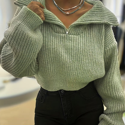 Autumn and Winter Half-Zip Short Fashion Lantern Sleeve Pullover Sweater to Show Your Figure and Versatile