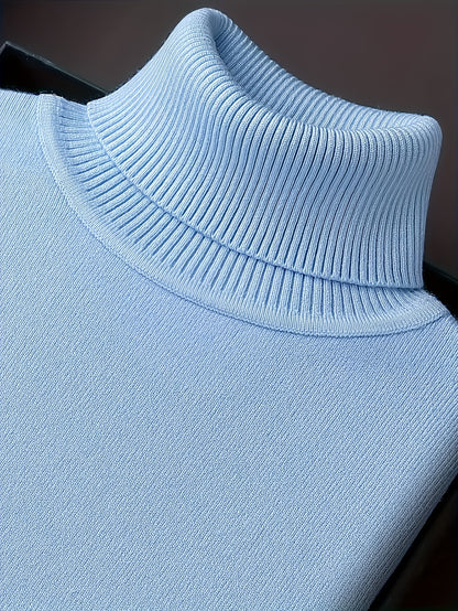 Men's Sleek Light Blue Turtleneck Sweater - Casual Knit Pullover with Ribbed Cuffs, Long Sleeves for Fall/Winter, Soft Viscose Blend