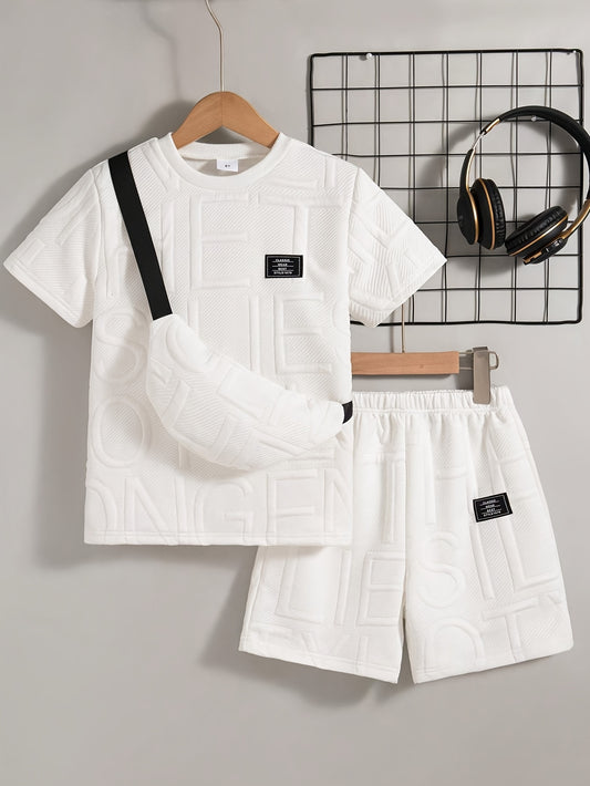Boys' Daily Casual Outing Solid Color Patch Design Regular Fit Round Neck Short Sleeve T-Shirt and Shorts Set with Hanging Bag Boys' Shorts Summer Outfit, HWMFSNHFZ, for Outdoor