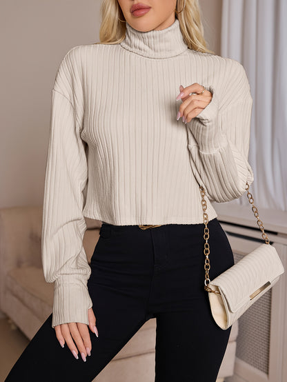 Women'S High Neck Knit Turtleneck T-Shirt, Solid Color Polyester 95% Spandex 5% Blend, Short Length, Fall/Winter Collection, 210g/m² Knit Fabric