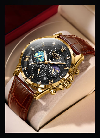 LIGE Luxury Quartz Chronograph Watch with Luminous Hands - Elegant Round Alloy Case, Blue Dial with Roman Numerals, Starry Night Design, Button Battery, Faux Leather Strap, Stylish Accessory|Starry Night Design|Luminous Hands