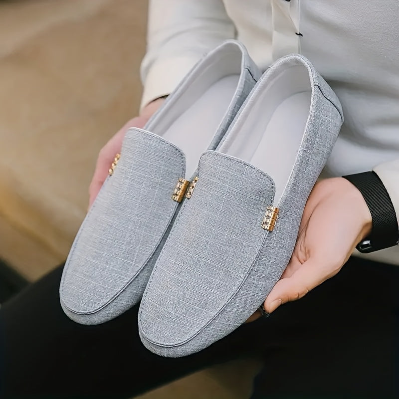 Canvas Loafers - Slip-On Shoe Style with Golden Emblem, Comfortable Non-Slip Sole, Suitable for Driving & Daily Office Use