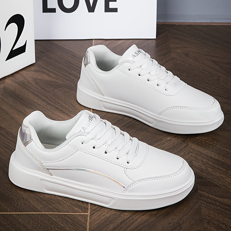 Youngsters' Fashion Sneakers - White PU Upper with Golden Accents, Comfortable & Lightweight Casual Running Shoes for Boys and Girls, All-Season Wear, Low-Top Lace-Up Design, Outdoor Youngsters's Footwear | Fabric Lined Inter