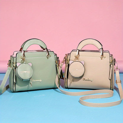 Women'S Fashion 2023 Embroidered Cat Design Messenger Bag, Removable Strap, Zipper Closure, Polyester Lined, Casual Shoulder Handbag with Edge Paint Detail