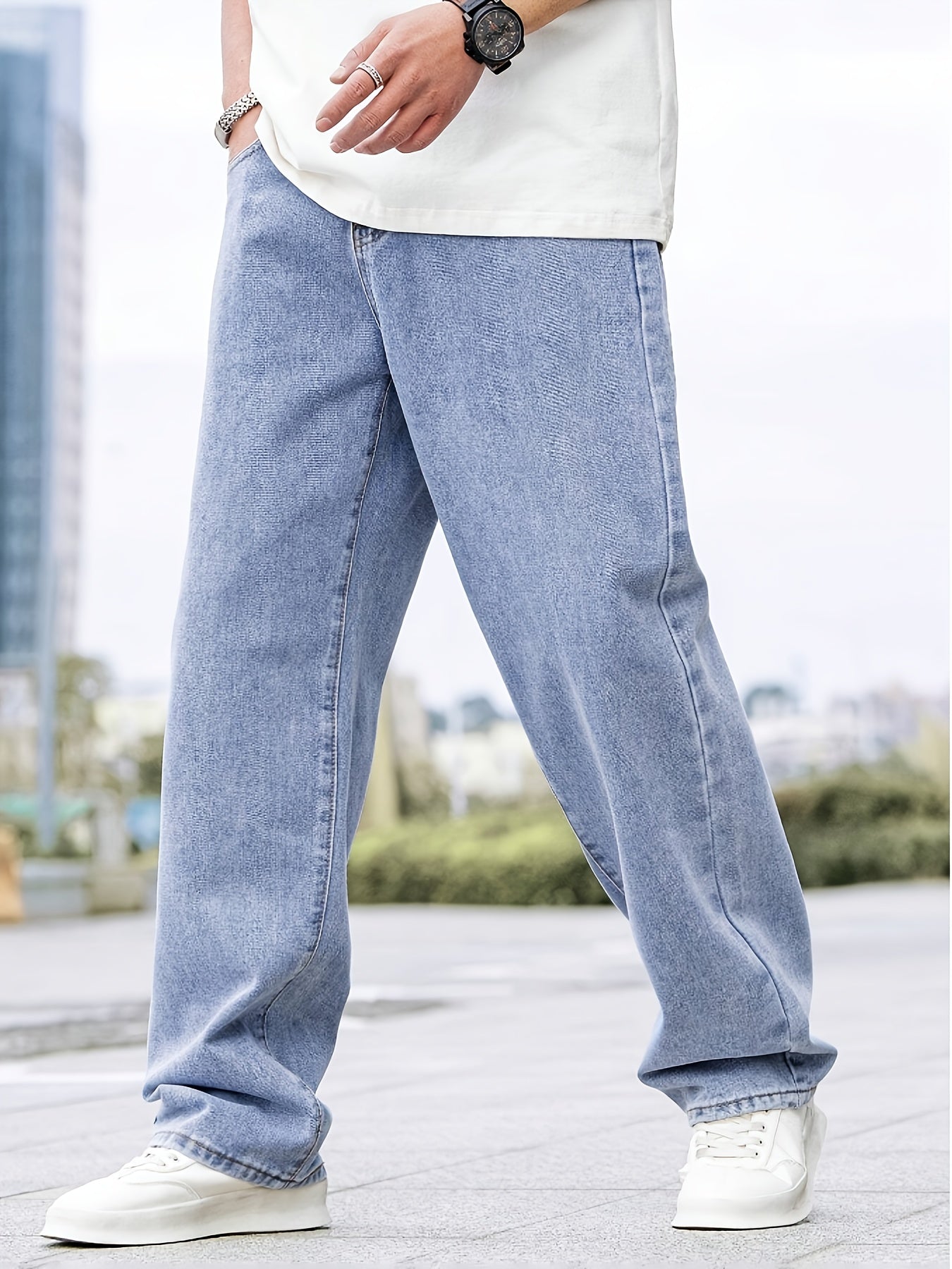 Men'S Classic Casual Denim Jeans, 80% Cotton 20% Polyester, All-Season Regular Fit, Non-Stretch Solid Color, 380g/m² Woven Fabric, Washed Detail, Adult Regular Length Pants