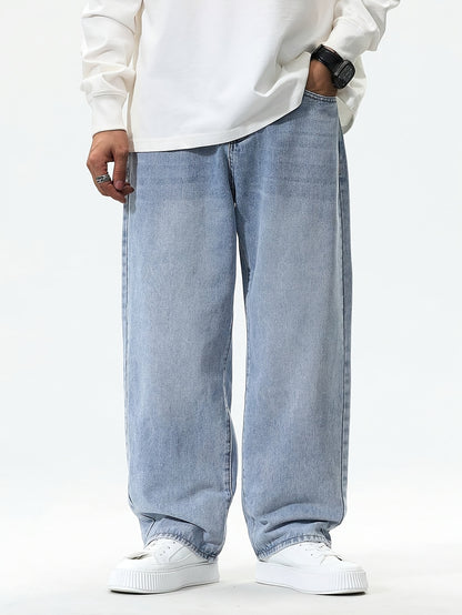 Men'S Casual Loose Fit Denim Jeans, 88.5% Cotton 8.5% Polyester 3% Rayon, All-Season Solid Color Washed Fabric, Regular Length, Non-Stretch Woven Denim Pants