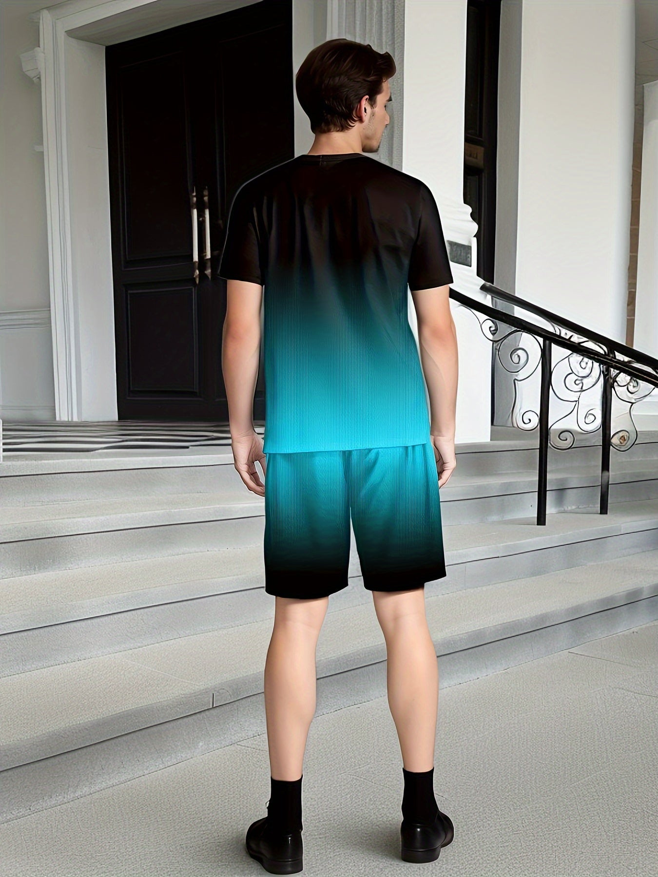 Men'S Summer Sports Workout Set - Crew Neck Short Sleeve T-Shirt & Shorts with "PARIS" Print, Striped Pattern, Knit Fabric, Slight Stretch, Polyester & Spandex Blend, Regular Fit