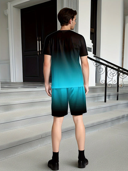 Men'S Summer Sports Workout Set - Crew Neck Short Sleeve T-Shirt & Shorts with "PARIS" Print, Striped Pattern, Knit Fabric, Slight Stretch, Polyester & Spandex Blend, Regular Fit