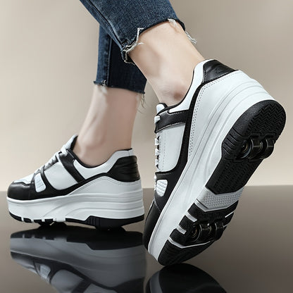 Boys' Fashion Roller Skate Footwear - Non-Slip Dual Wheel, Lace-Up with Durable Buckle Straps, Black & White, Suitable for All Seasons