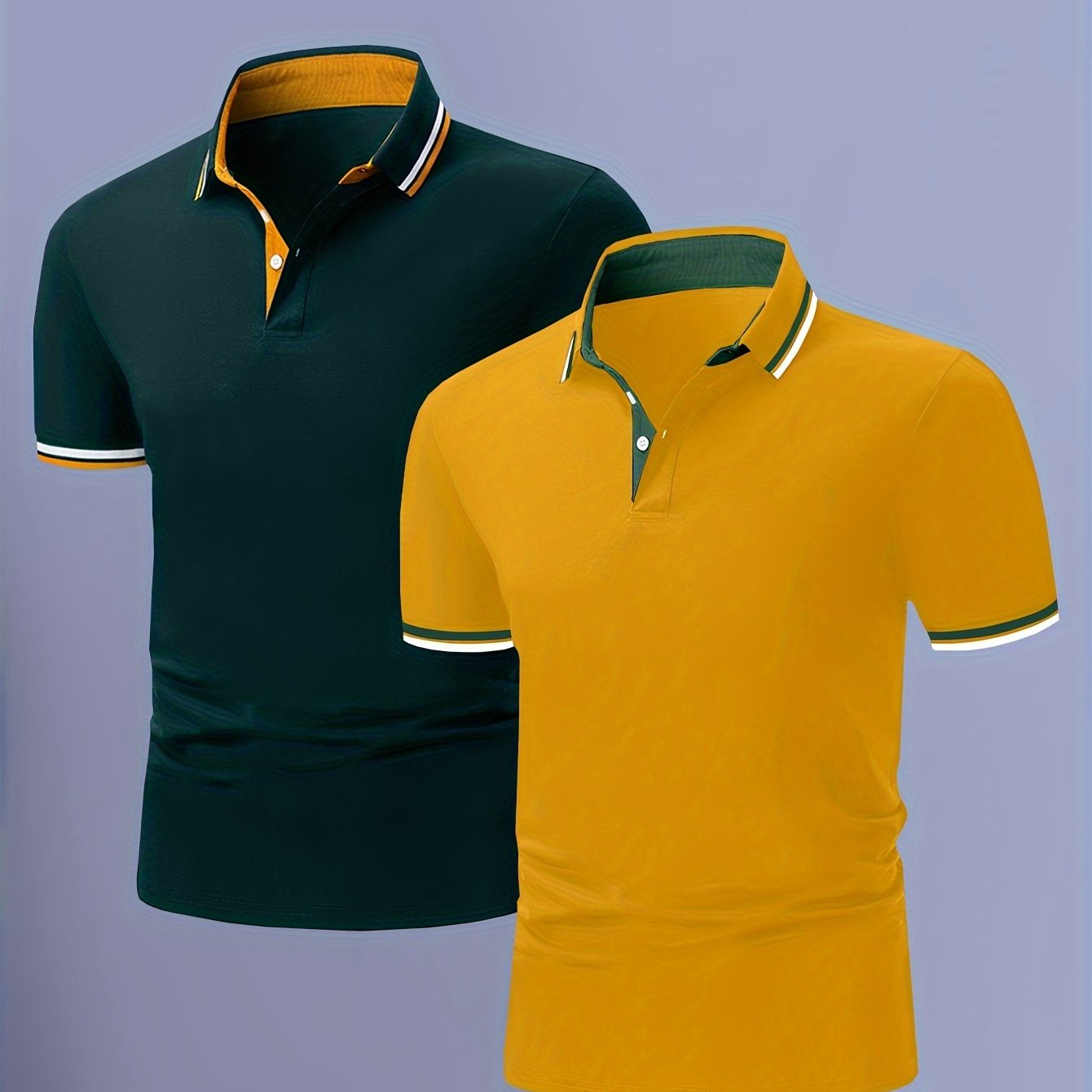 2pcs Men's Short-Sleeve Shirts with Contrast Collars - Lightweight Polyester, Pastel Blue & Pink, Turn- Collar, Button Closure, Regular Fit, Casual & Business-Casual Wear, Ideal for Summer or Gifting, Short Sleeve Tops