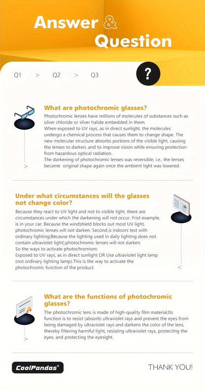 Coolpandas Brand Top Photochromic Glasses for Men And Women, Polarized Chameleon Glasses for Outdoor Sports, Fishing, Driving Goggles with Anti-Glare Features.