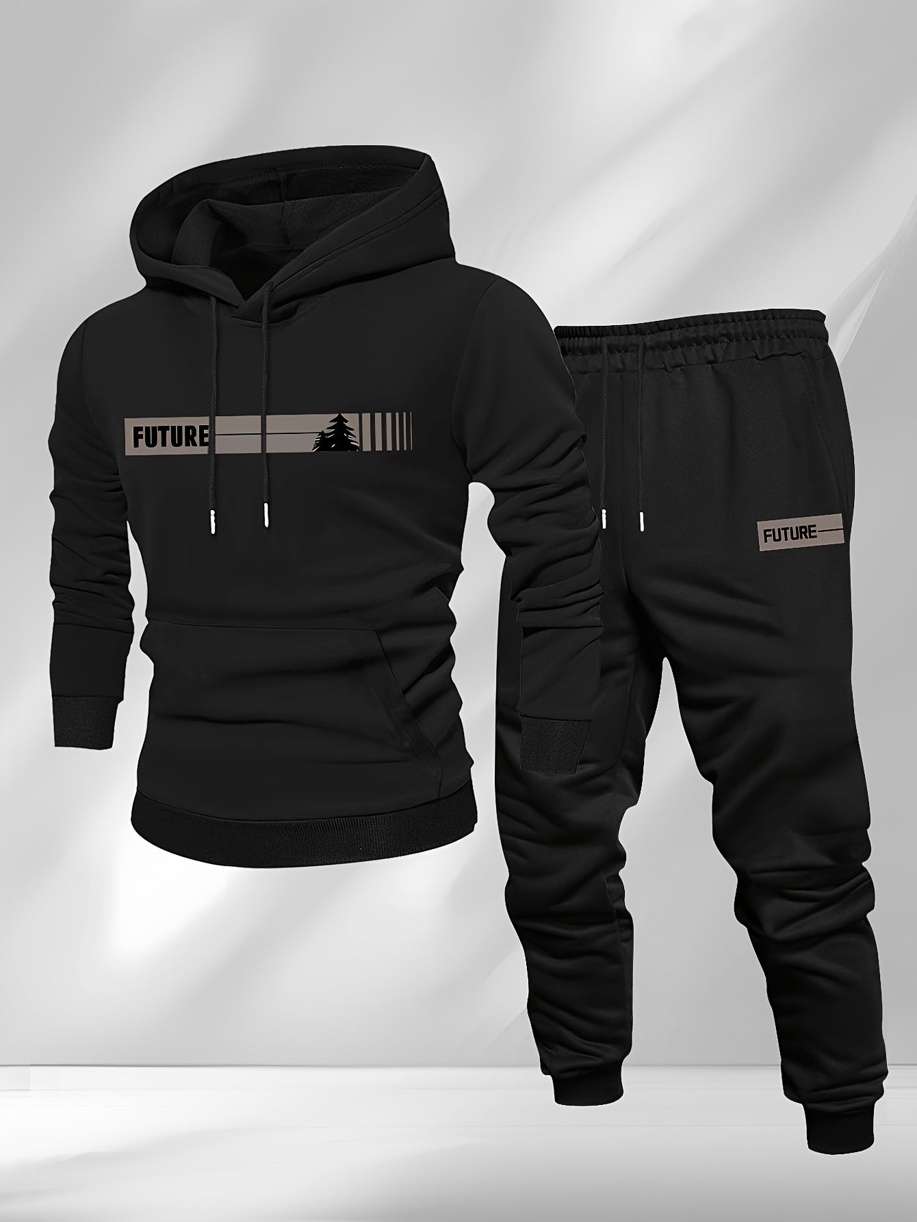 New Autumn and Winter Men's Fleece-Lined Hooded Sweatshirt Set with Print, Long-Sleeve Hoodie and Drawstring Pants for Couples