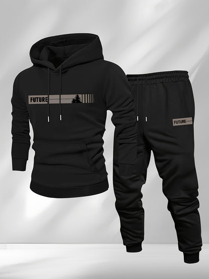 New Autumn and Winter Men's Fleece-Lined Hooded Sweatshirt Set with Print, Long-Sleeve Hoodie and Drawstring Pants for Couples