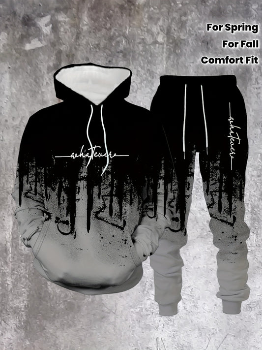 Men's Casual Hoodie & Sweatpants Set - Black & Red Contrast, Letter Print Design, Comfort Fit for Spring/Fall