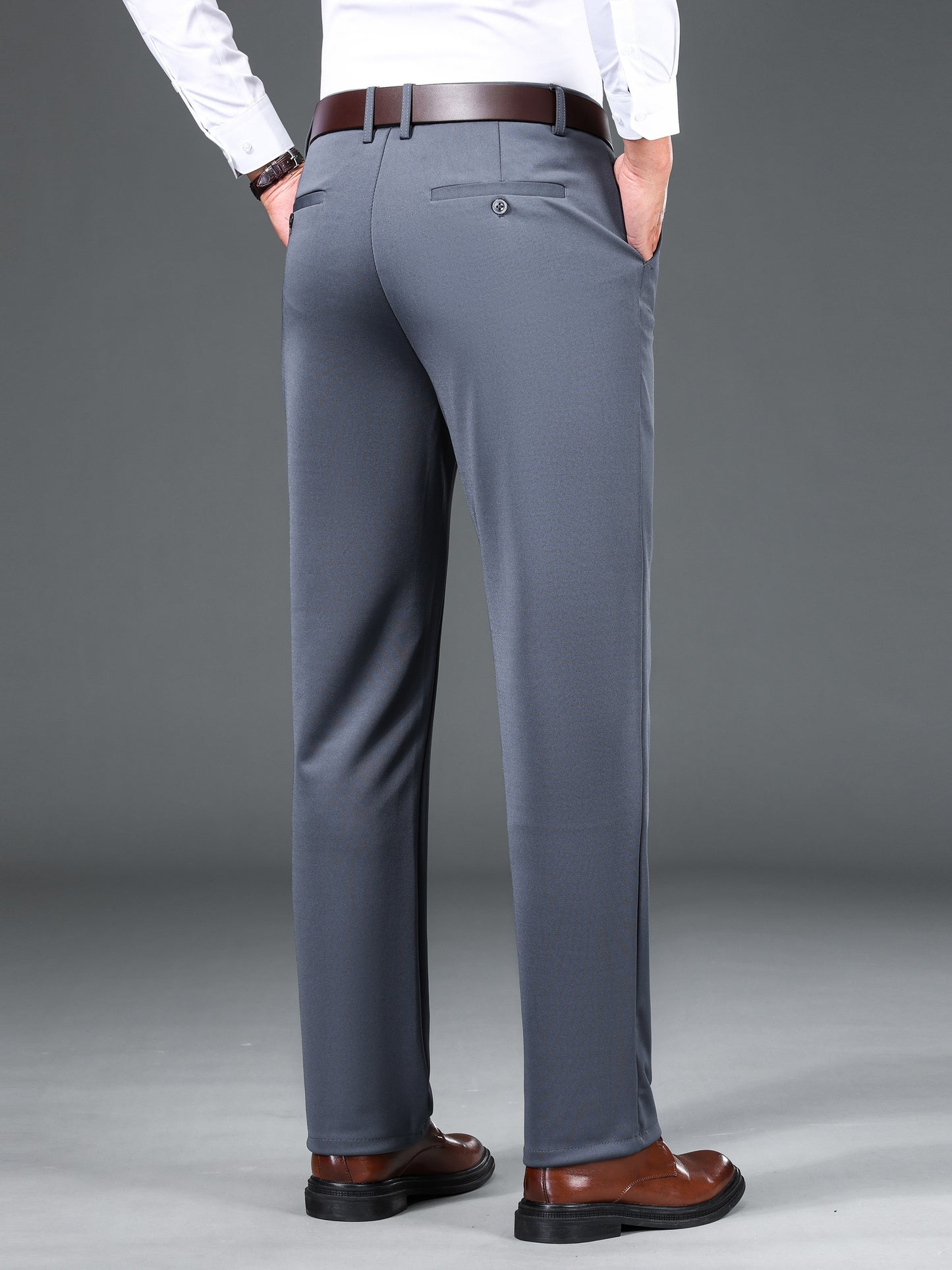 1pc Men'S Warmth Business Casual Pants, Fall/Winter Fleece-Lined Thickened Straight-Leg Trousers with Slant Pockets, Solid Color Knit Fabric Regular Fit Dress Pants with Zipper Closure, Medium Stretch Polyester
