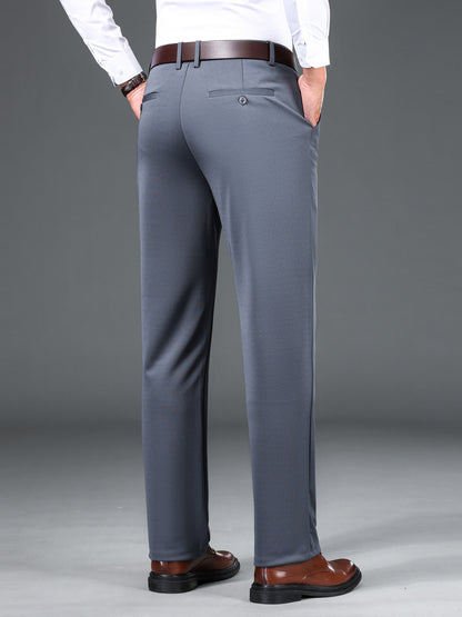 1pc Men'S Warmth Business Casual Pants, Fall/Winter Fleece-Lined Thickened Straight-Leg Trousers with Slant Pockets, Solid Color Knit Fabric Regular Fit Dress Pants with Zipper Closure, Medium Stretch Polyester