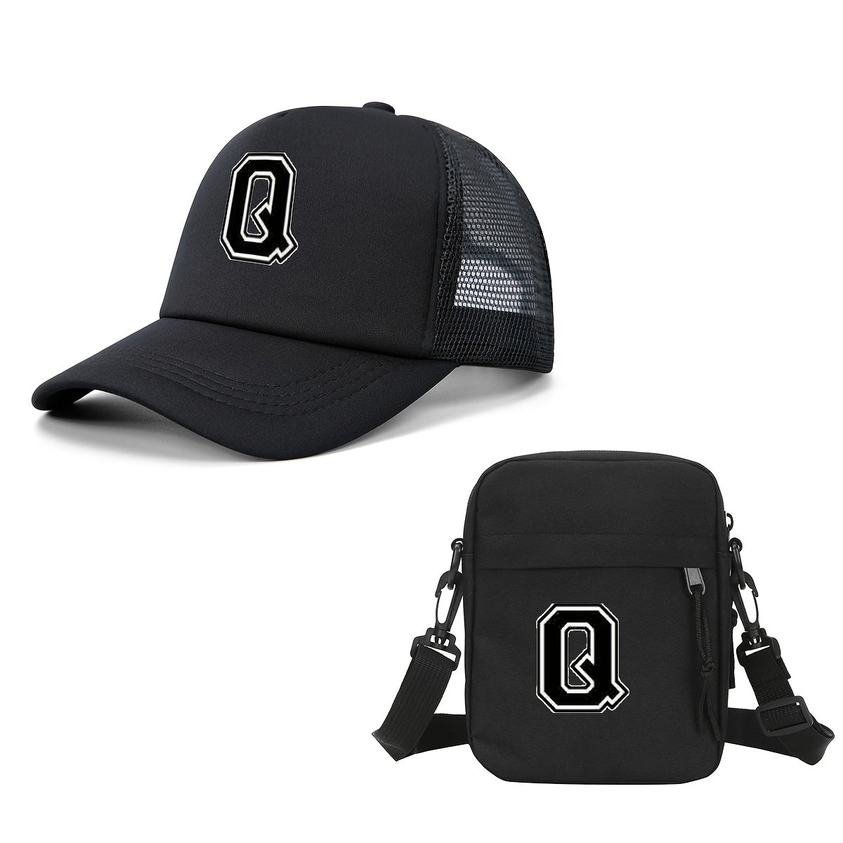 2pcs Men'S And Women'S 26-Letter Printed Trucker Hat & Bag Set, Mesh Breathable Versatile Casual Sun Hat, Suitable for Holiday Vacation, Mountain Climbing, Camping, Outdoor Street And Other Scenes, Suitable As a Birthday, Hol