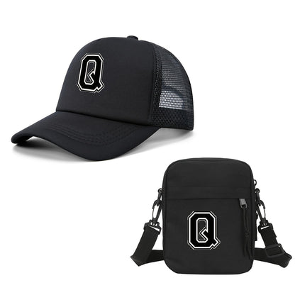 2pcs Men'S And Women'S 26-Letter Printed Trucker Hat & Bag Set, Mesh Breathable Versatile Casual Sun Hat, Suitable for Holiday Vacation, Mountain Climbing, Camping, Outdoor Street And Other Scenes, Suitable As a Birthday, Hol