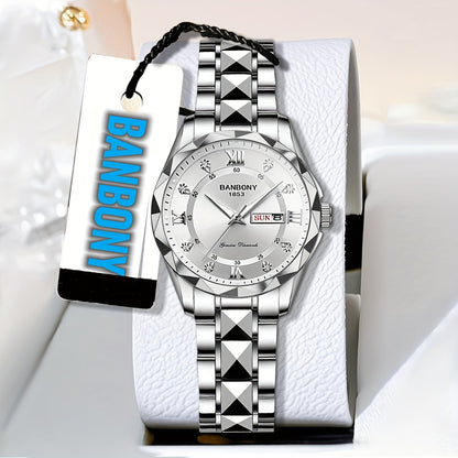 A BANBONY Fashion Brand Women'S Quartz Watch with a Stainless Steel Strap, Adorned with Rhinestones, IPX7 Waterproof, Luminous Display for The Week, Multifunctional Fully Automatic Casual Watch, Perfect Gift for Birthdays, Ho