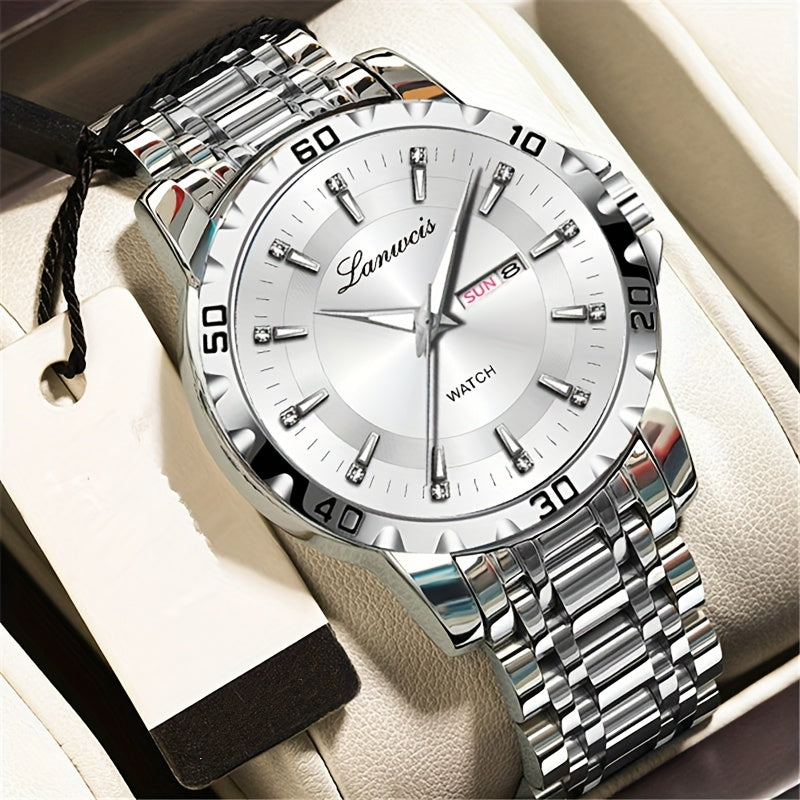 Luxury Men'S Quartz Watch - Sleek Round Dial with Dual Calendar, Luminous, Waterproof, Stainless Steel Band - Ideal Business Gift, Business Gift Watch|Minimalist Timepiece|Luminous Watch Face, Watch Accessories