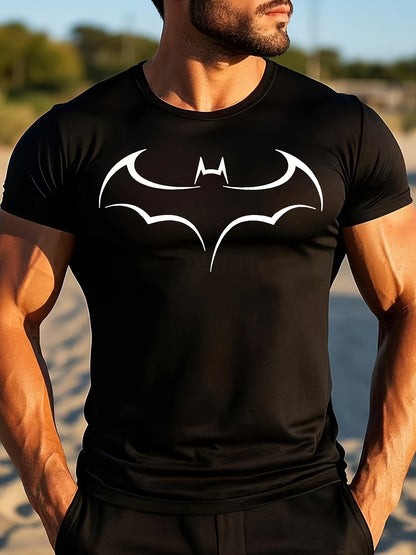 Minimalist High-End Bat Pattern Print Short-Sleeve Summer Fashion Casual Black And White Textured Men'S T-Shirt.