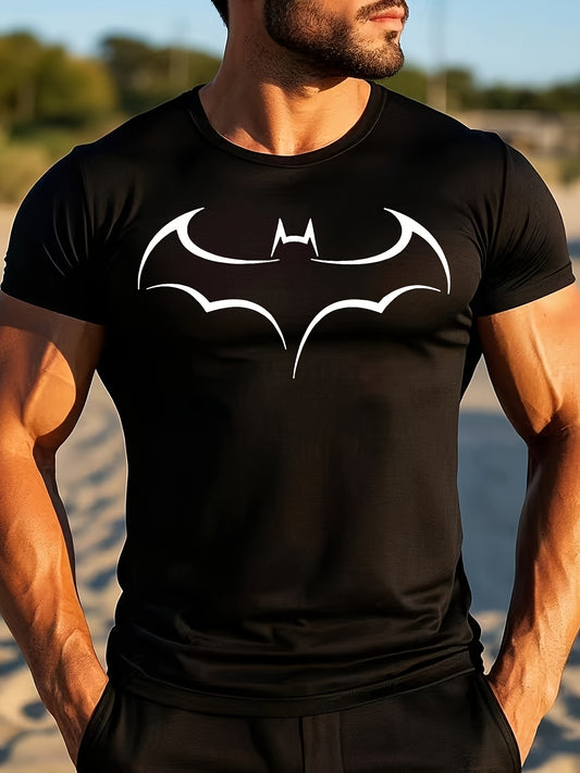 Minimalist High-End Bat Pattern Print Short-Sleeve Summer Fashion Casual Black And White Textured Men'S T-Shirt.
