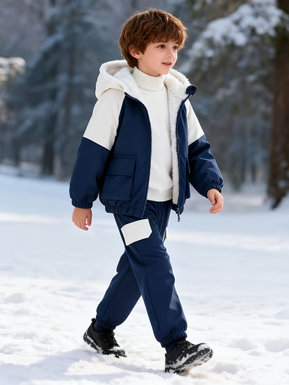 Boys' Casual Fleece-Lined Jacket with Utility Pockets, Open Front Zipper, Matching Single-Pocket Workwear Pants for Autumn/Winter, Perfect for Outdoor Wear, Winter Clothing, Workwear Style, Durable Fabric, Zipup Jacket, Young