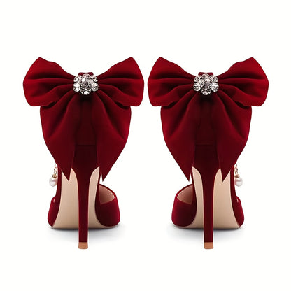 Women's Elegant Summer Evening Dress Shoes with Red Thin Heels, Bow Detail and Comfortable Fit with Insole Pair