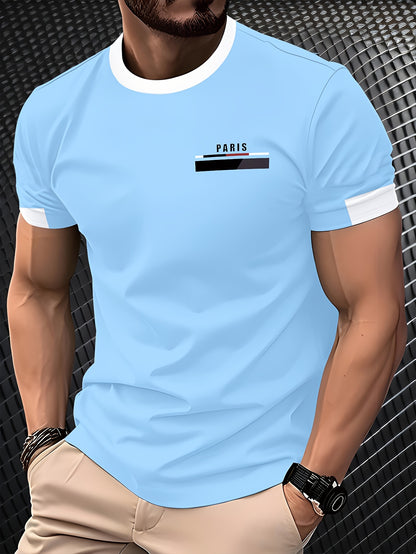 Men'S Paris Graphic T-Shirt - Green Polyester Crew Neck Tee with White Stripes & Print - Casual Sporty Knit Top for Casual Attire, Breathable Fabric